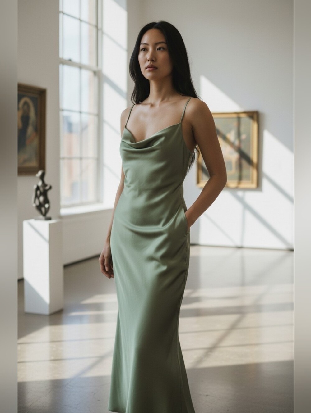 NEW  Somifa Olive Green Satin Maxi Dress Cowl Neck Spaghetti Straps Prom Sz. 14